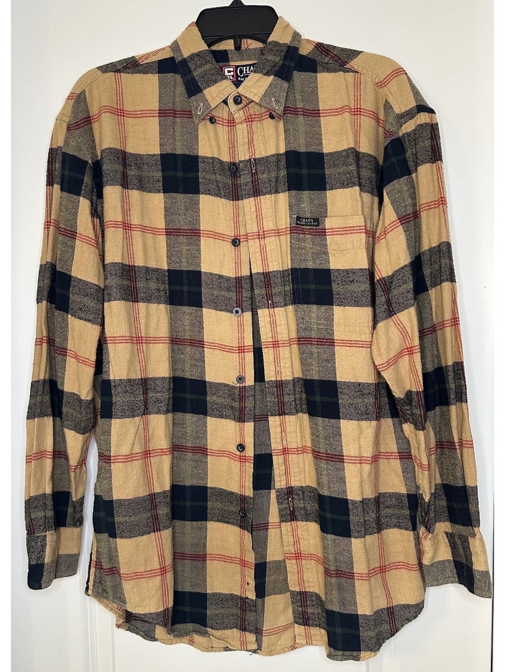 Chaps Ralph Lauren Men's Medium Beige, Navy, and Red Plaid Button-Up Shirt 100%